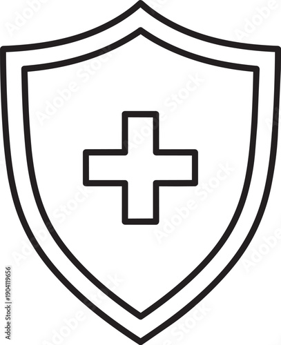 Health Protection Icon: A minimalist medical shield, a symbol of defense and well-being, prominently displays a cross, signifying health, safety, and protection. 