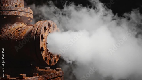 Industrial pipe emitting steam into dark background, suggesting industrial activity