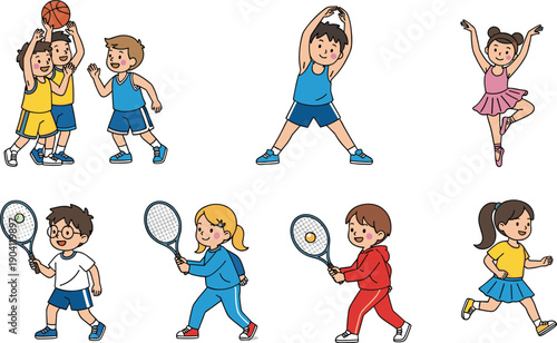 Active kids sports illustration set, children playing basketball tennis running dancing exercise, healthy lifestyle cartoon characters isolated on white background