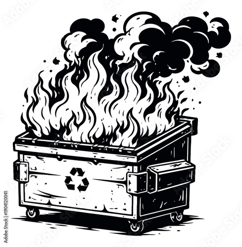 Hand drawn line art illustration of a dumpster depicting a dumpster fire for urban problems and destruction