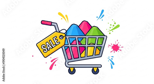 Colorful shopping cart filled with bags and sale tag on white background with splashes