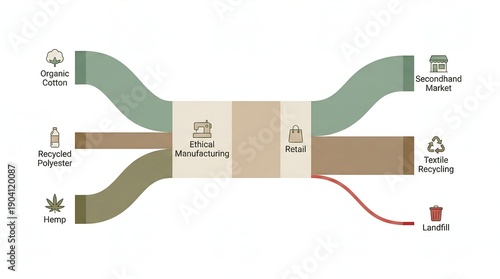 Flat illustration Sankey diagram infographic showing sustainable fashion lifecycle from organic materials to recycling flow