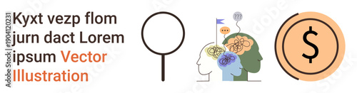 Brainstorming, problem solving, financial concepts, cognitive connections, teamwork, creativity. Human heads with thoughts, monetary icon and abstract graphics. Relevant for creativity and financial