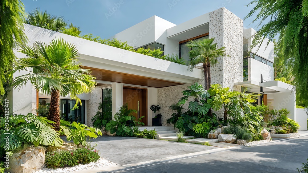Fototapeta premium Modern White Stone House with Lush Landscaping and Elegant Facade