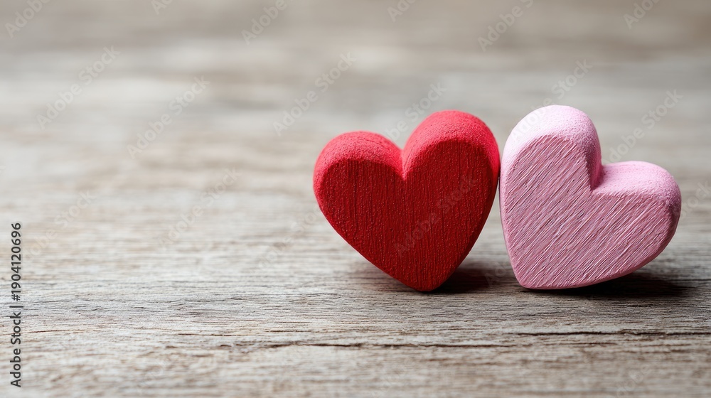 Fototapeta premium Two Colorful Heart Shapes on Rustic Wooden Surface for Romantic Themes and Love Celebrations