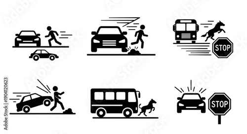 Set of icons depicting traffic accidents and road safety.