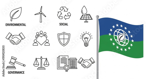 Set of Icons Representing Environmental Social and Governance Factors with a Flag.