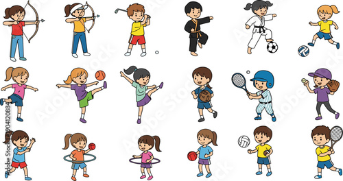 Cartoon kids sports activities illustration set, children playing soccer tennis baseball karate archery golf basketball exercise isolated white background vector