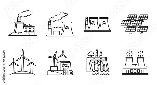 Set of Icons Representing Different Types of Energy Production.