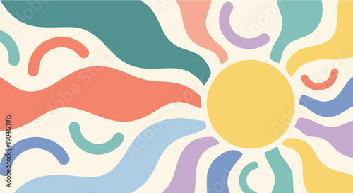 colorful retro sun with wavy rays and abstract shapes background