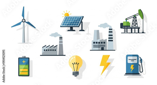 Set of icons representing different types of energy production and consumption.