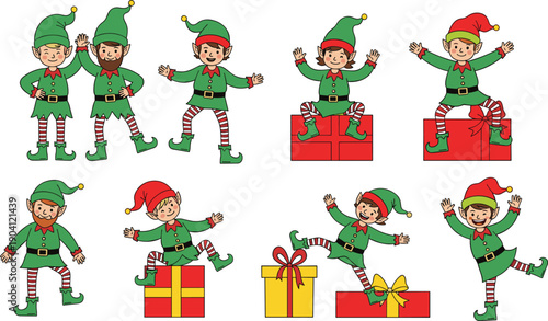 Christmas elf characters illustration set with multiple poses gifts festive cartoon vector collection isolated white background design holiday winter celebration