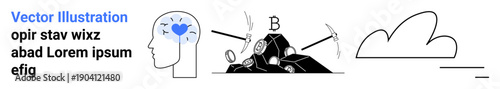 Mental health, knowledge mining, resource extraction, cloud storage, data organization, digital concepts. Human head with a heart icon, mining tools with resources and cloud outline. Mental health