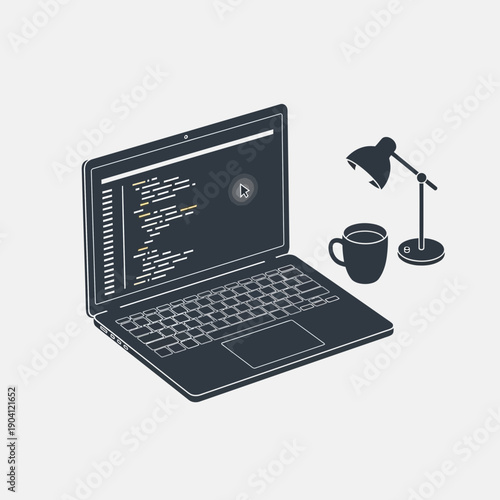 Laptop with code, desk lamp, and coffee cup on grey background