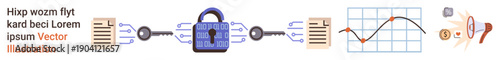 Cybersecurity, data protection, encryption, business analysis, digital finance, secure connections. A lock connects secure data points, graphs and icons. Cybersecurity and data protection visual