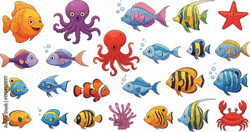 Colorful sea animals cartoon illustration set with tropical fish octopus crab starfish coral marine life vector collection isolated white background