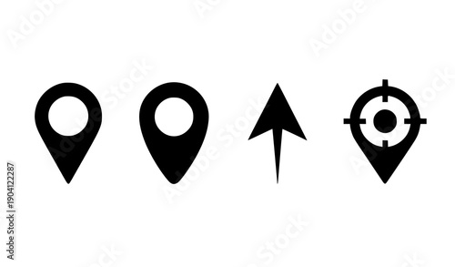 Map pin and GPS location marker solid icon set vector with navigation pointer symbols isolated on white background