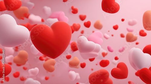 Colorful Hearts in Motion with Soft Pink Background Ideal for Romantic Themes, Celebrations, and Valentine's Day Decoration Inspiration