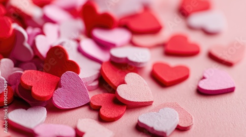 Colorful collection of paper hearts scattered on a pink background ideal for Valentine's Day, romantic themes, and festive decorations or crafts