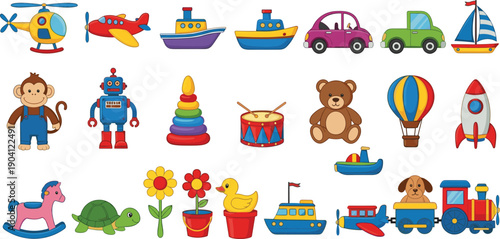 Cute cartoon toys illustration set, colorful kids toys vehicles animals robots boats collection isolated on white background, playful vector design elements