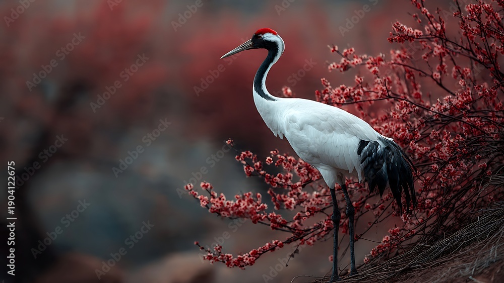 Obraz premium Elegant Crowned Crane Among Blossoming Spring Flowers in Nature