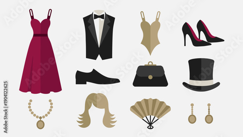 Elegant paper dolls vector collection featuring evening wear including red dress, tuxedo suit, luxury accessories, and shoes for formal party fashion illustration elements.