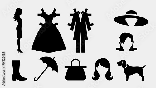 Paper dolls vector silhouette set featuring vintage fashion clothing, dress, suit, hat, accessories, umbrella, wig, boots and dog pet for retro cutout game or creative design project.