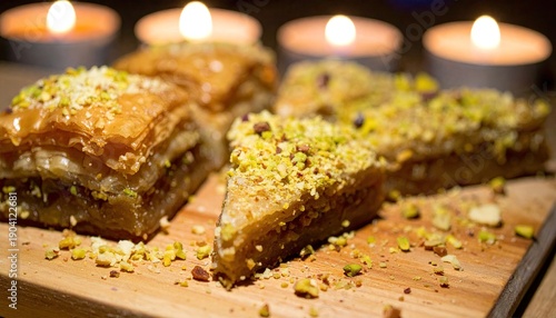 Layered pastry with nuts and syrup, soft candlelight