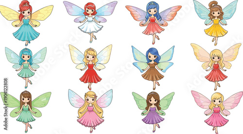 Cute fairy girls illustration set, colorful cartoon fantasy characters with wings, magical princess style, children storybook design art