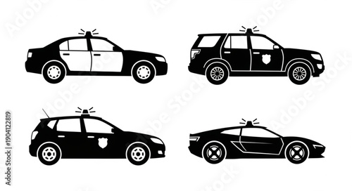 Set of four different police cars in silhouette.