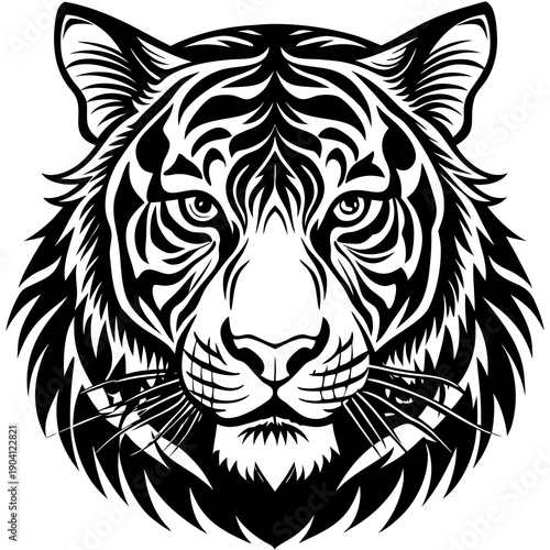 Graceful black and white illustration of a tiger’s fierce yet elegant face
