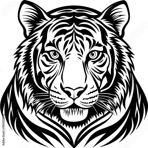 Graceful black and white illustration of a majestic tiger’s face in profile view