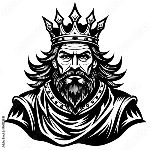 Majestic medieval king with ornate crown and long flowing beard in profile view
