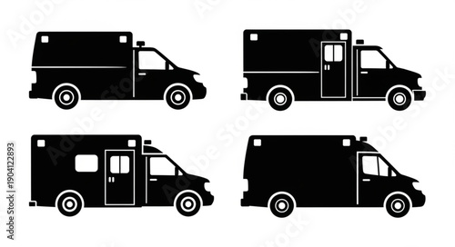 Set of four black ambulance vehicle silhouettes viewed from the side.