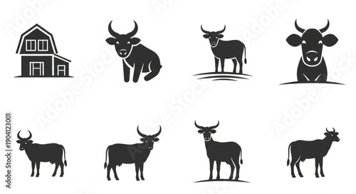 Set of Farm Animal Silhouettes and Barn Icon.