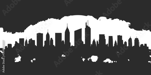 Black silhouette vector illustration of a modern urban city skyline featuring skyscraper buildings and downtown architecture in a panoramic night cityscape outline
