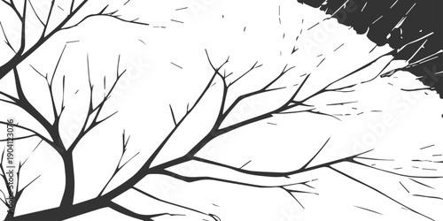 A black silhouette of a winter tree with frozen branches and tiny twigs stands against a cold sky in a snowy forest landscape vector illustration