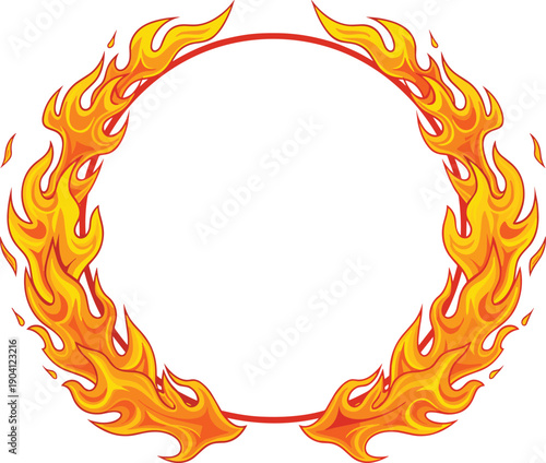 Fiery flame circle frame illustration, blazing fire ring border design isolated on white background, fantasy energy symbol, vector art, graphic