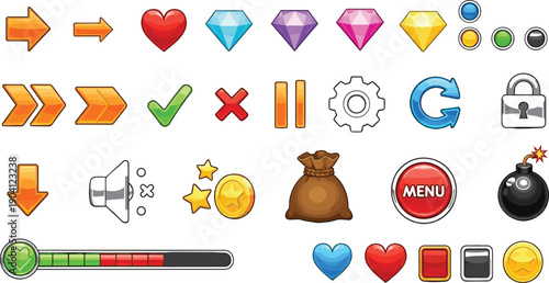 Game ui icon set, colorful buttons arrows hearts gems coins menu bomb progress bar, cartoon vector assets isolated white background