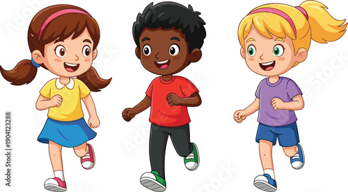 Happy diverse children running together, cute cartoon kids illustration, playful boys and girls, childhood friendship, fun activity, education concept, isolated on white background