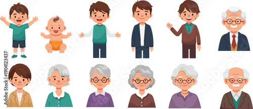 Human aging stages cartoon illustration showing baby child teenager adult senior men and women characters, life cycle development concept isolated on white background