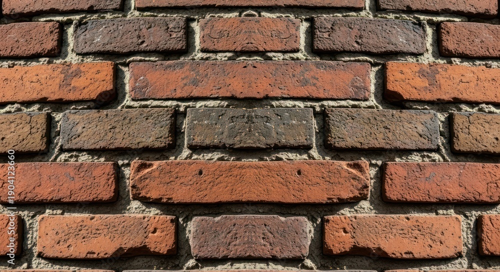Fototapeta premium Close-up of a weathered brick wall with varied colors and mortar detail