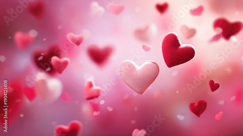 Colorful hearts floating on a dreamy blur background for romantic occasions, love celebrations, or creative designs in vibrant shades of pink and red.