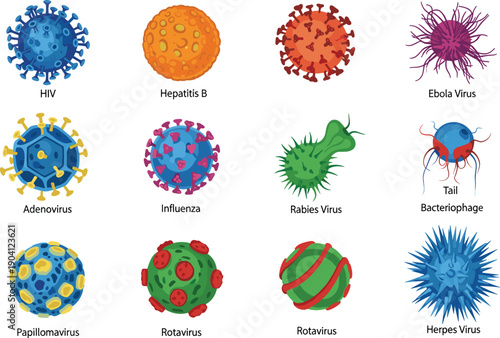 Medical virus illustration set, different virus types and bacteria icons, microbiology science infographic elements isolated on white background, vector design