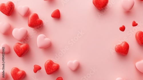 Colorful assortment of hearts in various sizes and shades scattered on a soft pink background, perfect for romantic themes and celebrations of love