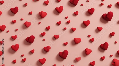 Vibrant Red Hearts Scatter on Soft Pink Background, Perfect for Celebrating Love, Affection, and Romance in Various Designs and Themes