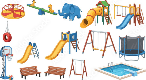 Playground equipment illustration set, kids park slides swings seesaw trampoline benches pool cartoon vector icons isolated white background design elements