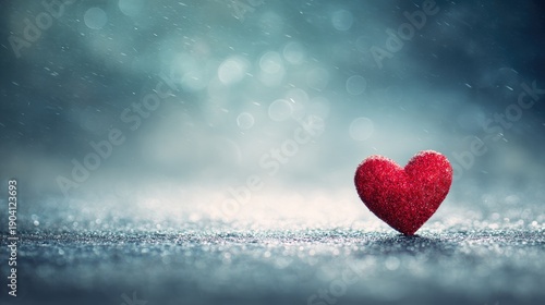 Sparkling Red Heart on a Soft Background with Gentle Rain and Bokeh Lights, Perfect for Representing Love, Romance, and Affection in Various Creative Projects