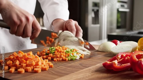 Person chopping carrots on wooden cutting board in kitchen with sliced vegetables