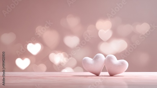 Soft Pink Hearts on Wooden Surface with Blurred Heart Shapes in Background for Romantic and Love-Themed Designs and Projects